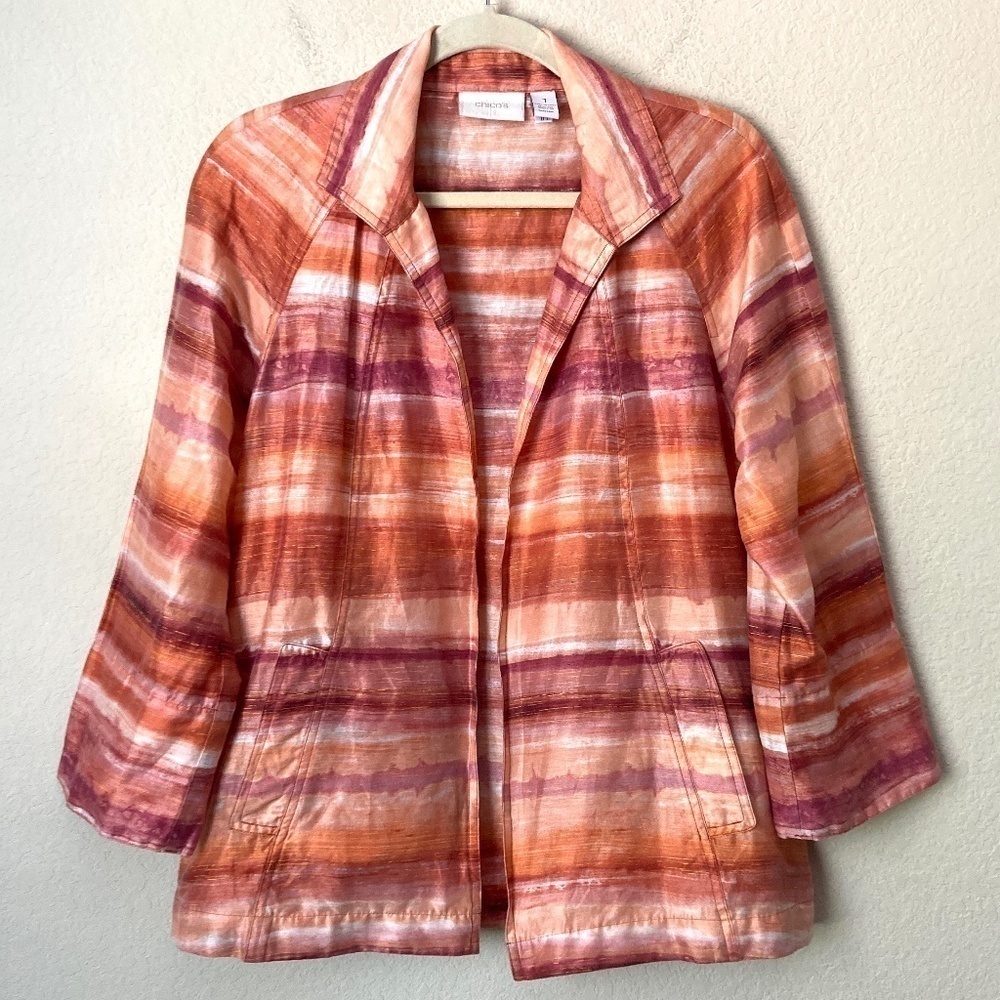Chico's Linen Blend Boho Striped Open Front Shacket Topper Cardigan